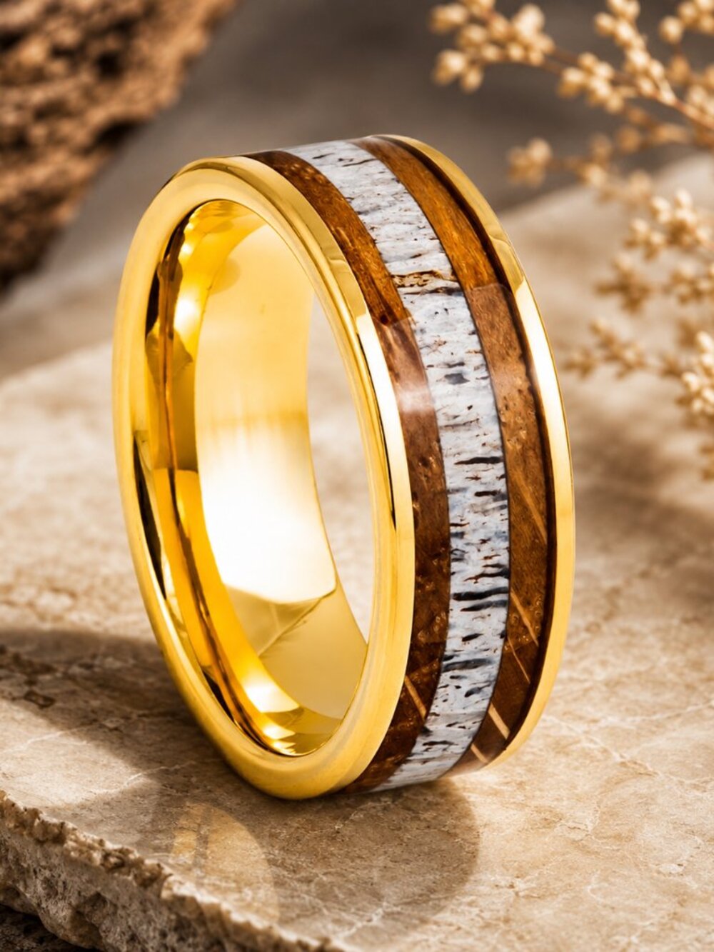 Gold Tungsten Ring with Wood Inlay & White Antler Stripe - GALTUN1101-9.5
